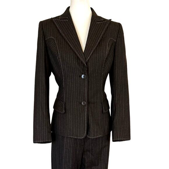 Vintage 90s/00s Albert Nipon Brown Pinstripe Wool Suit – Western Stitching, 2 pc - Picture 5 of 8